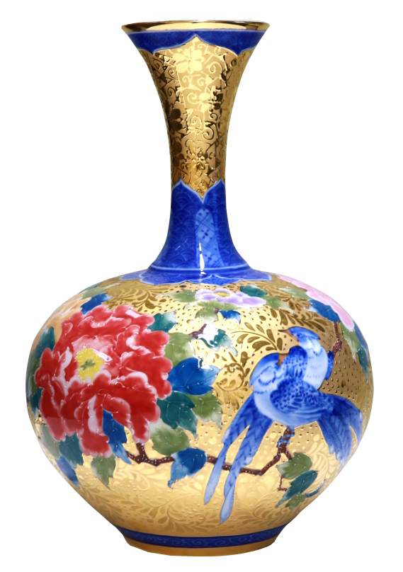 裝飾陶瓷-其它裝飾陳設陶瓷製品 - 【藍頸鵲躍】鎏金琺華瓶