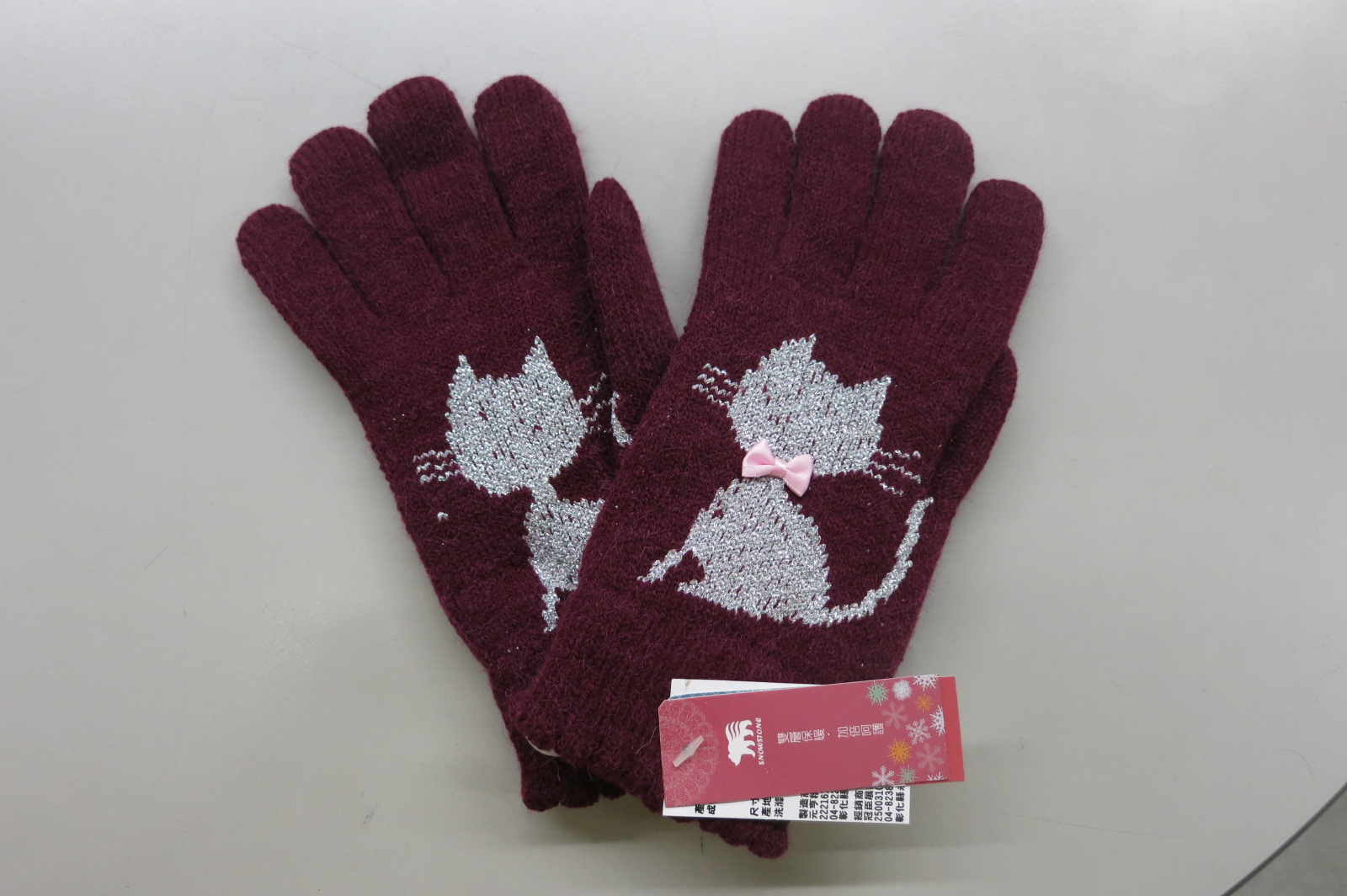 女士貓咪蔥蝴蝶結雙層手套
