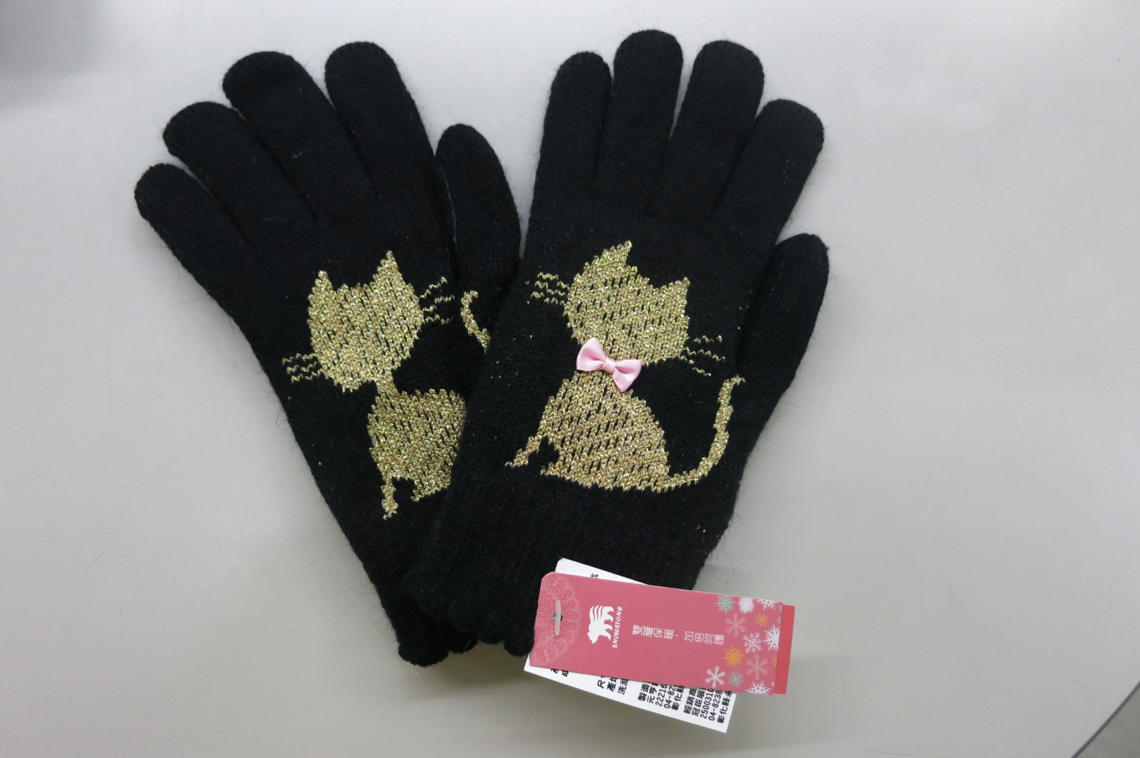 女士貓咪蔥蝴蝶結雙層手套