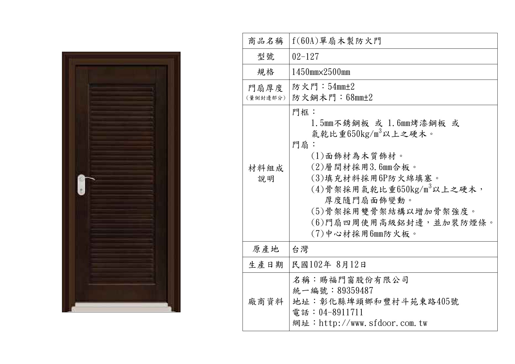 單扇木製防火門