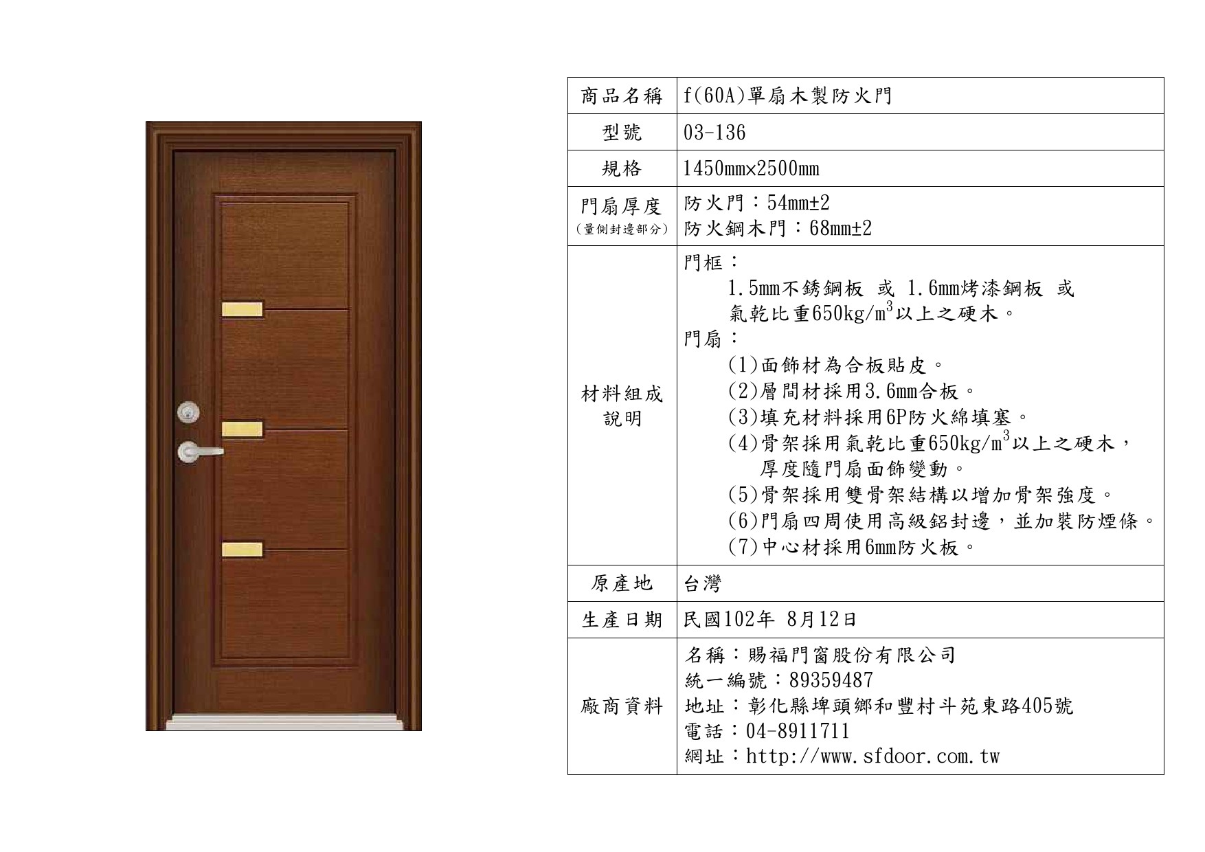 單扇木製防火門