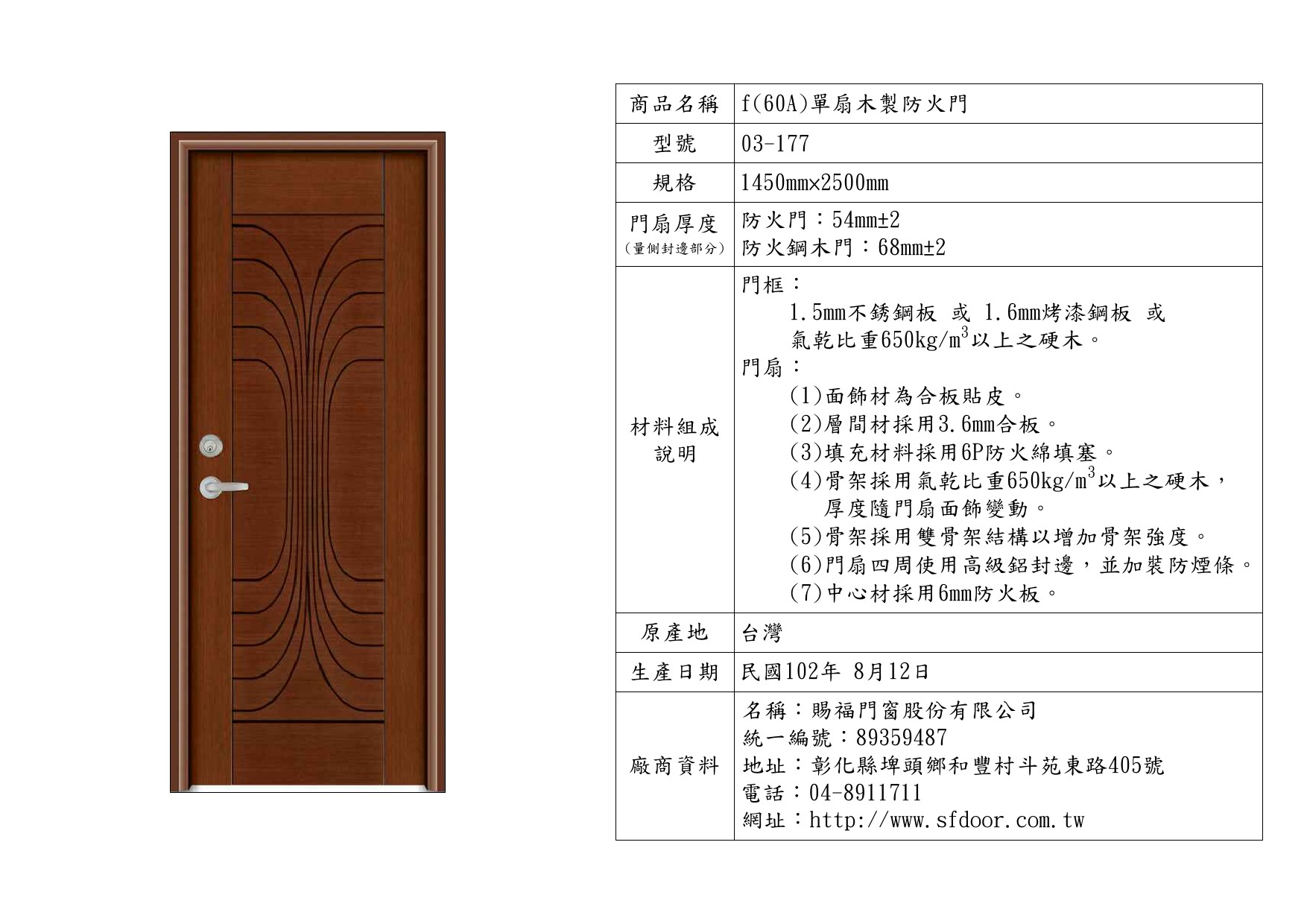 單扇木製防火門