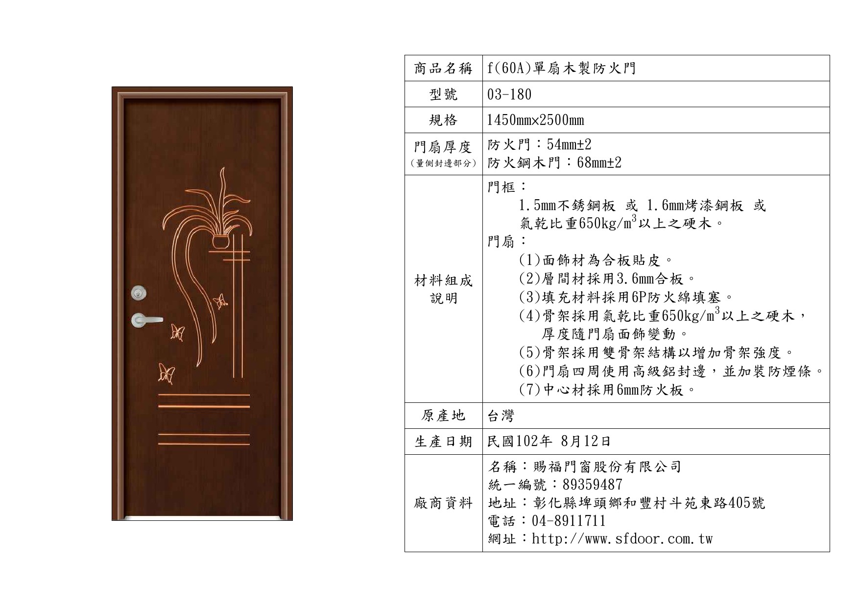 單扇木製防火門