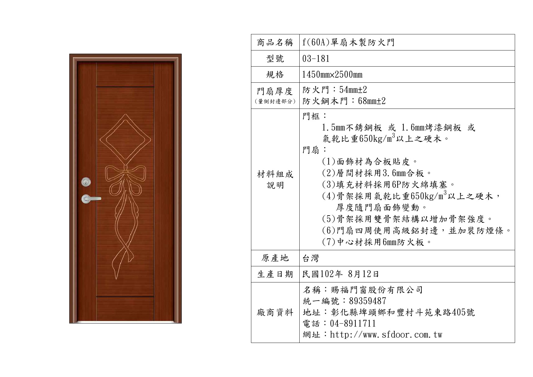 單扇木製防火門