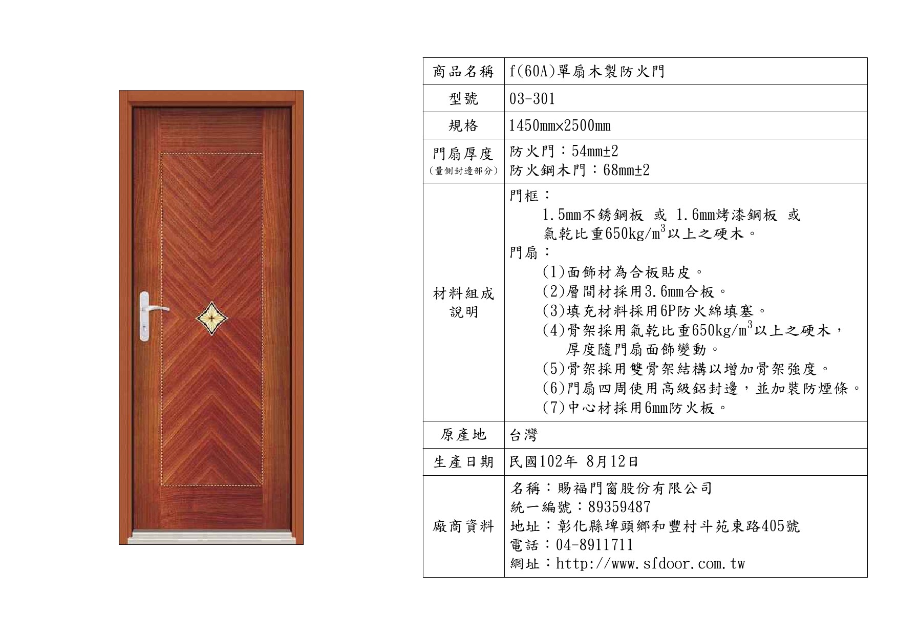 單扇木製防火門