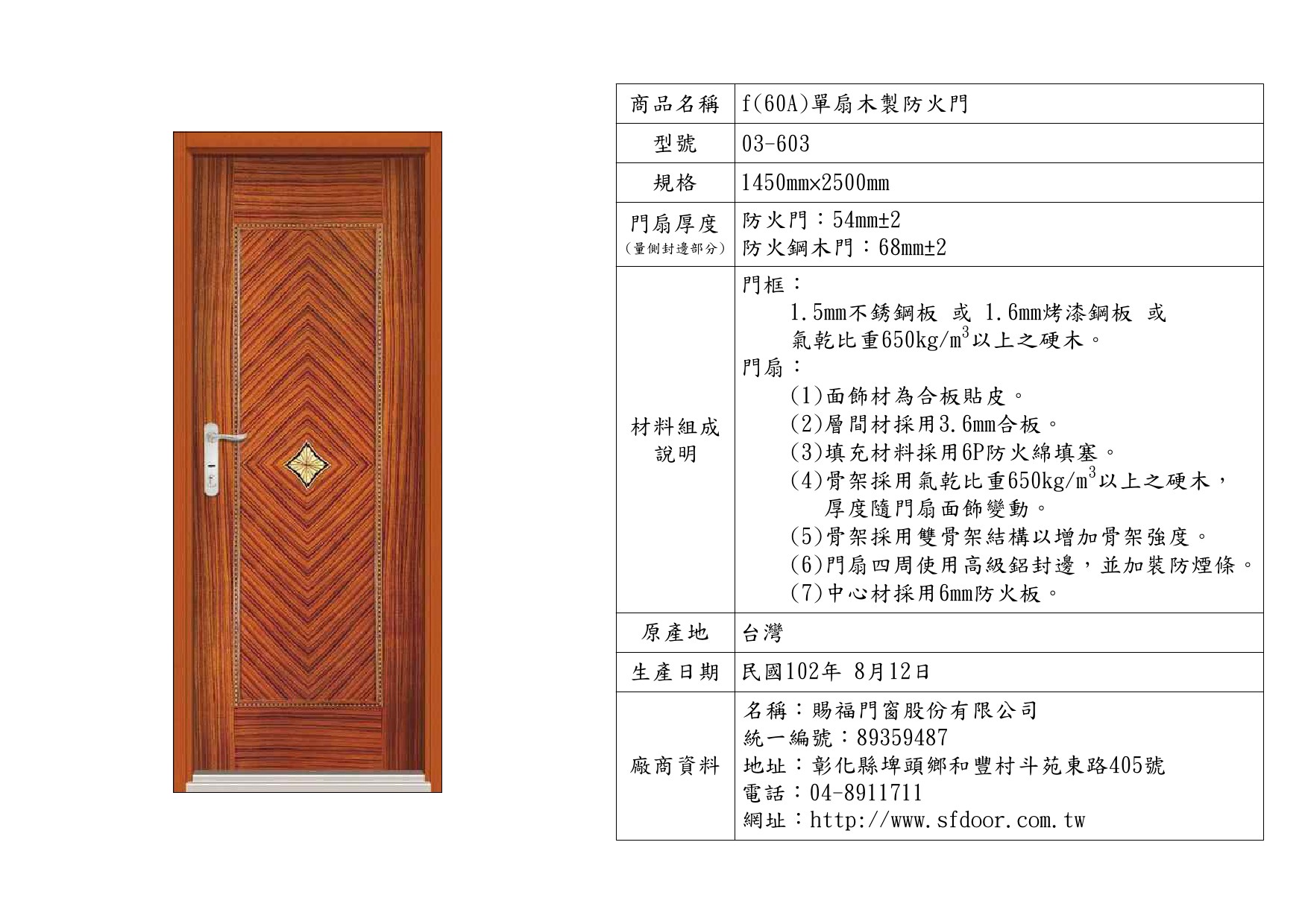 單扇木製防火門