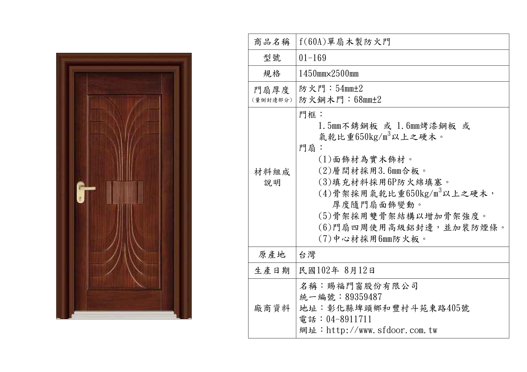 單扇木製防火門