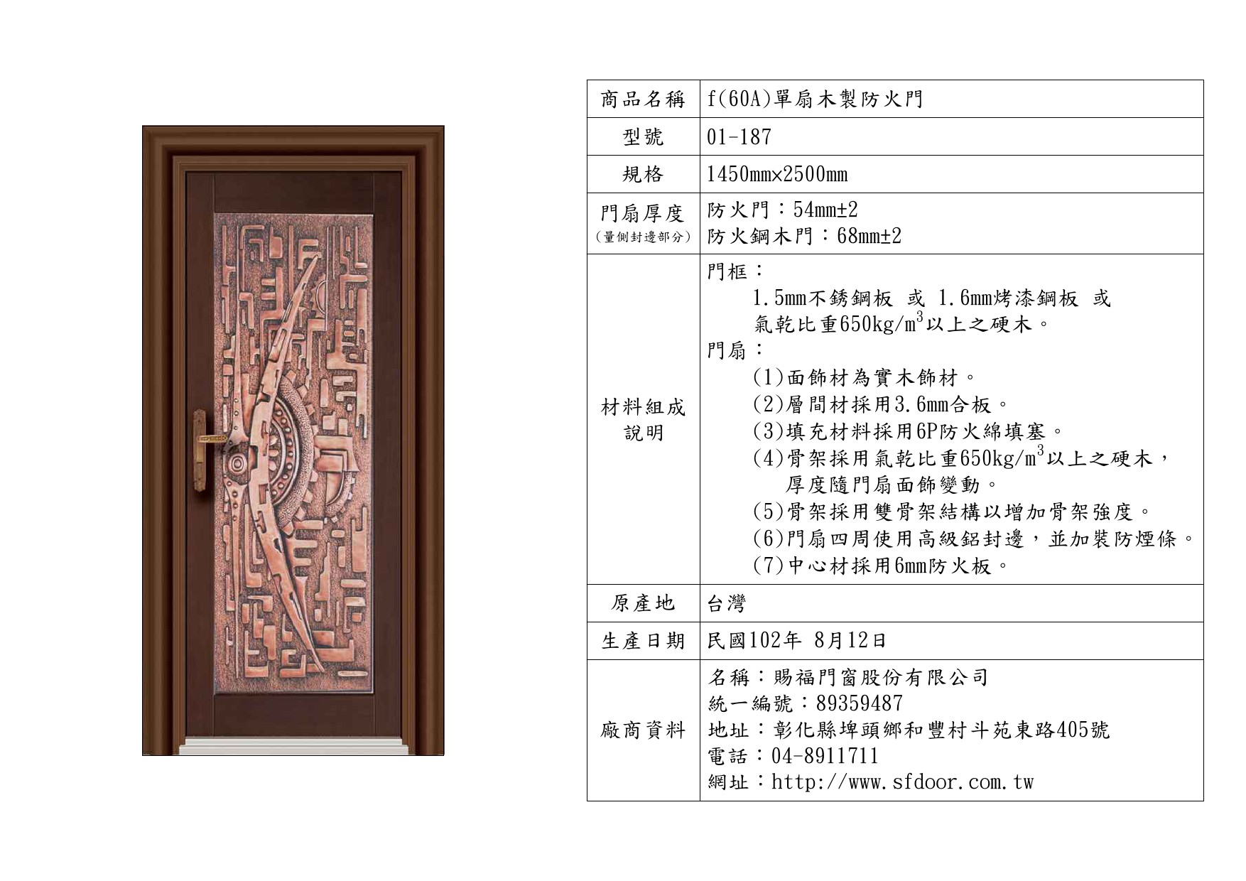 單扇木製防火門
