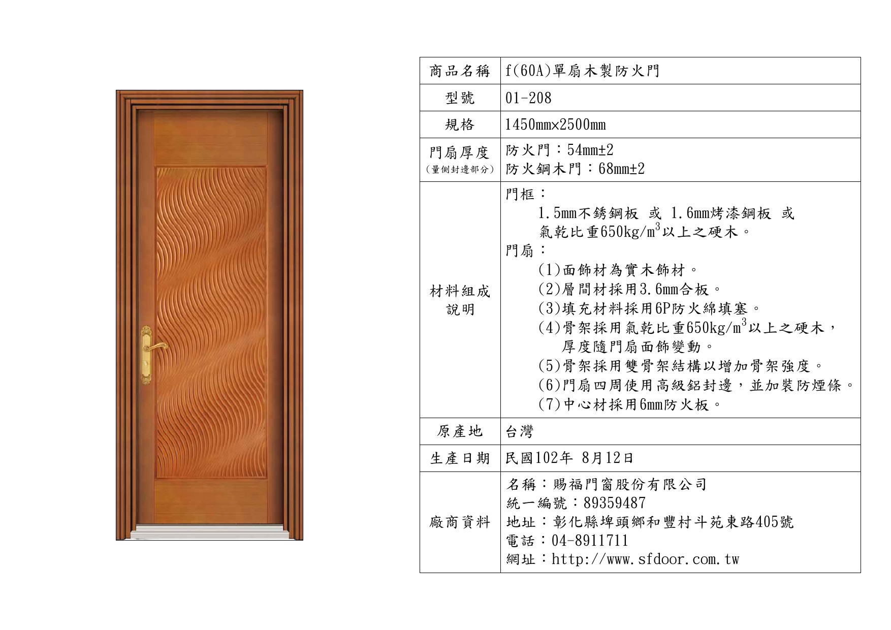 單扇木製防火門