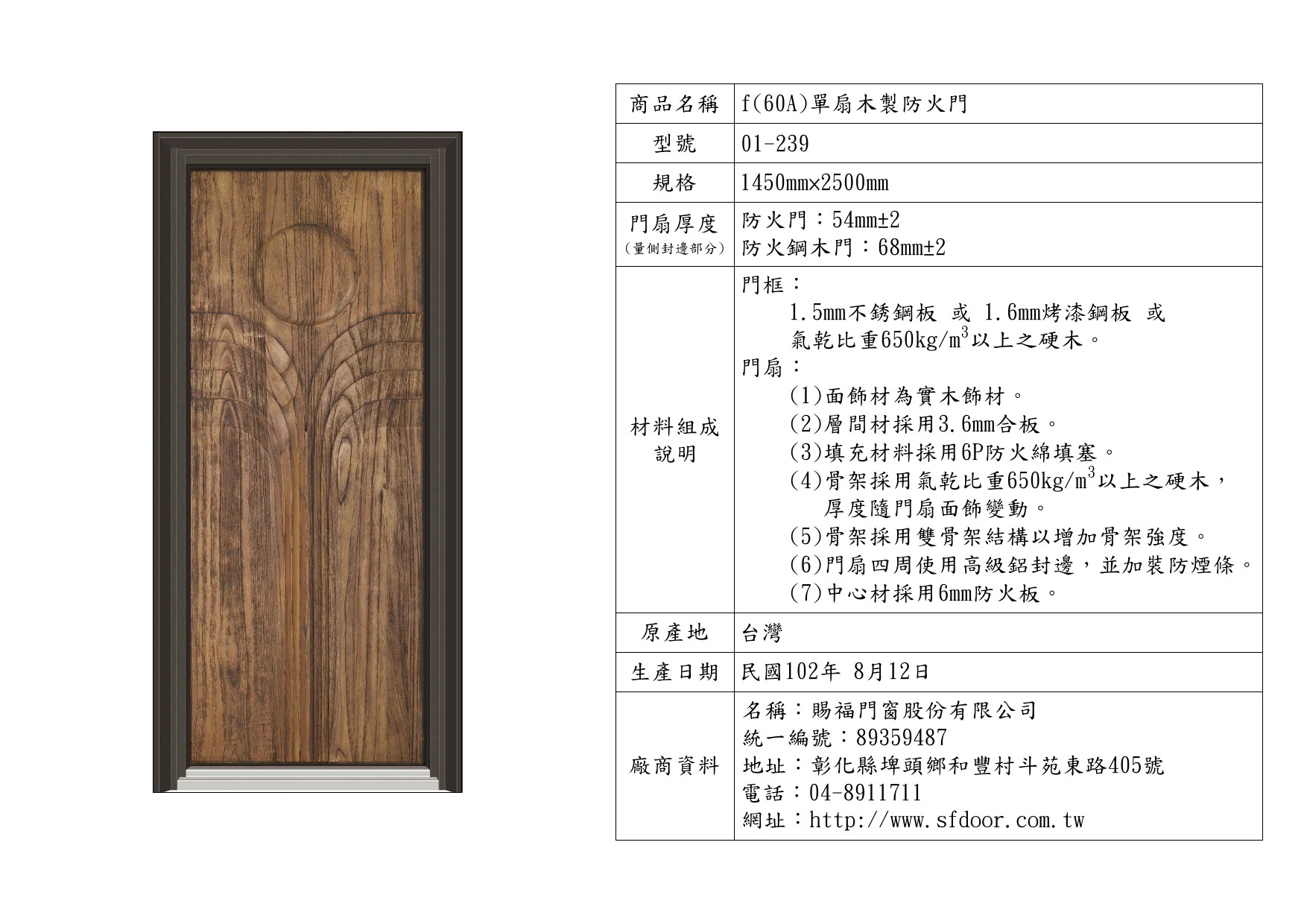 單扇木製防火門