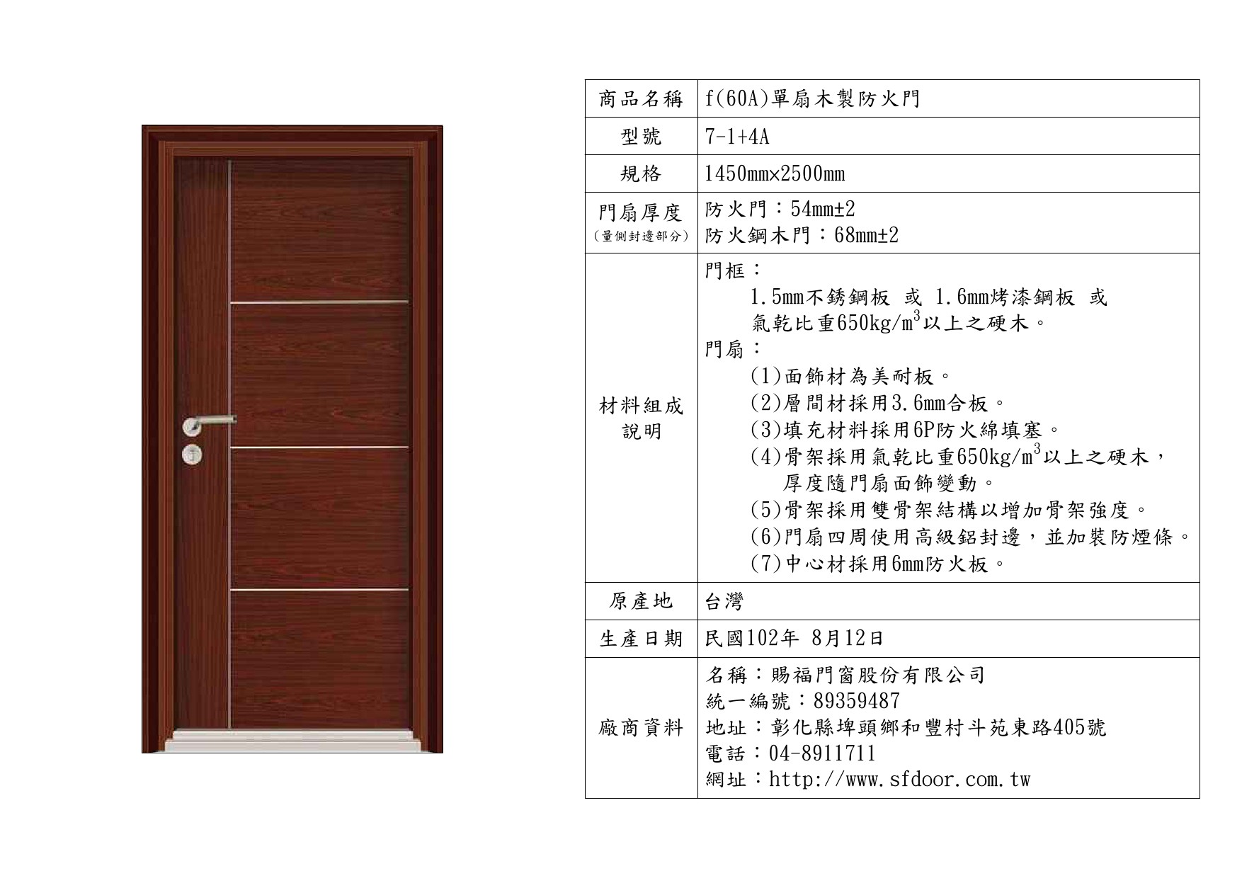 單扇木製防火門