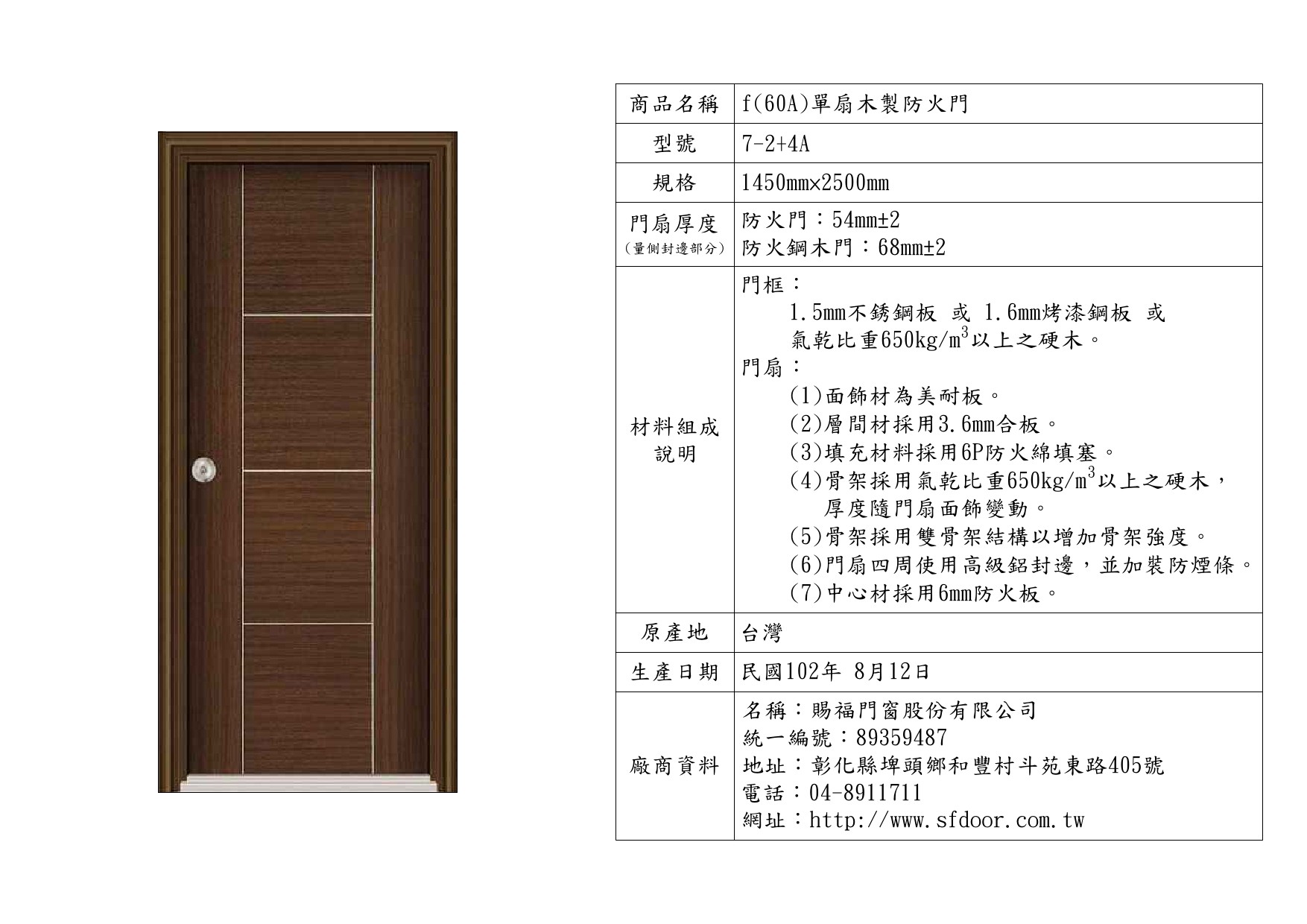 單扇木製防火門