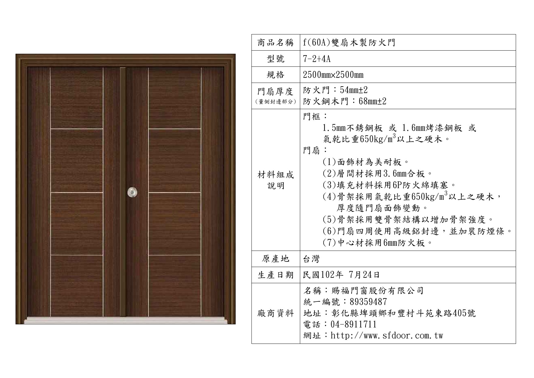 雙扇木製防火門