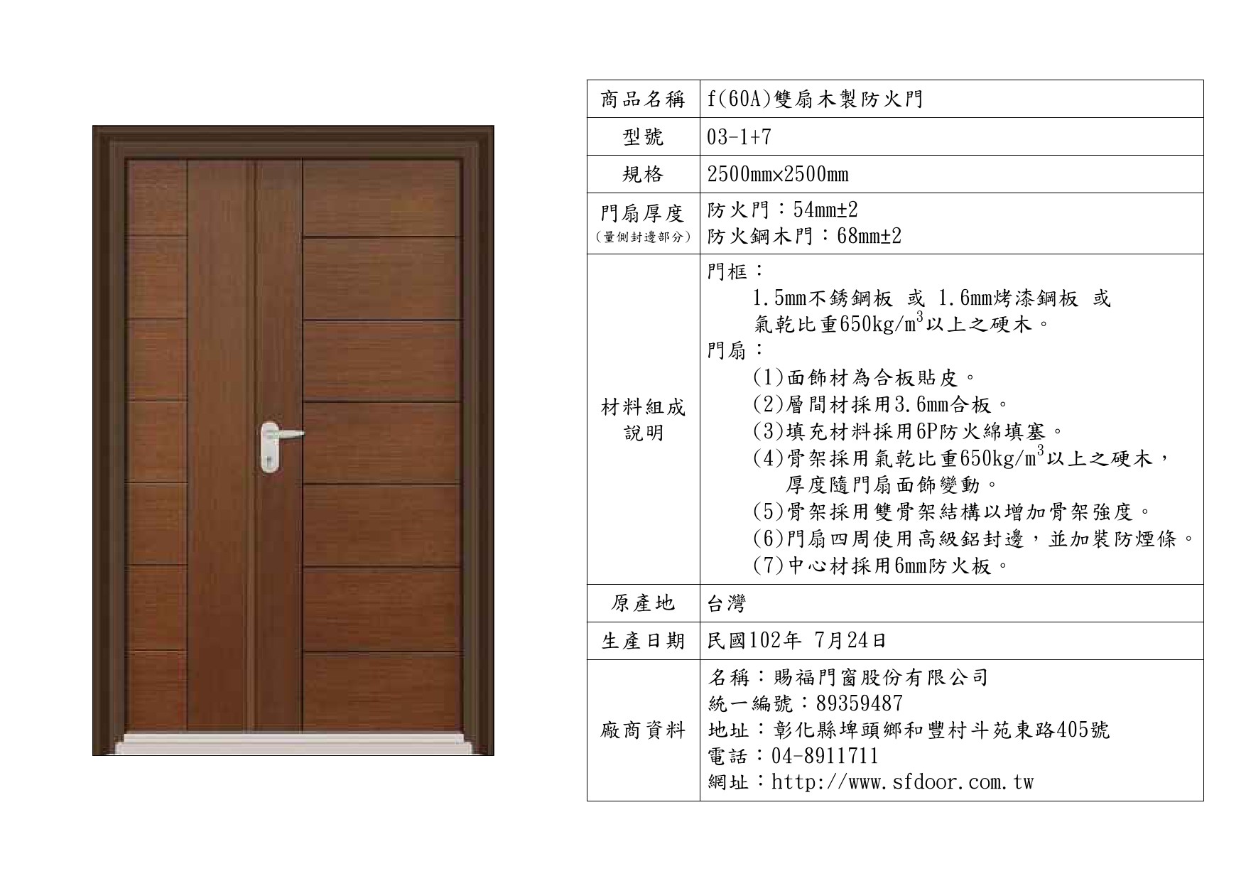 雙扇木製防火門