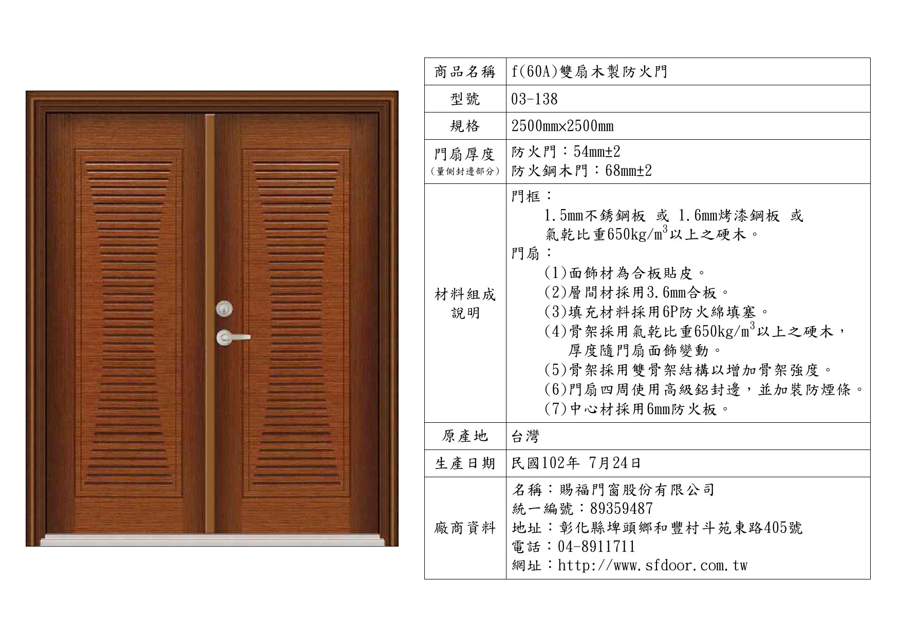 雙扇木製防火門