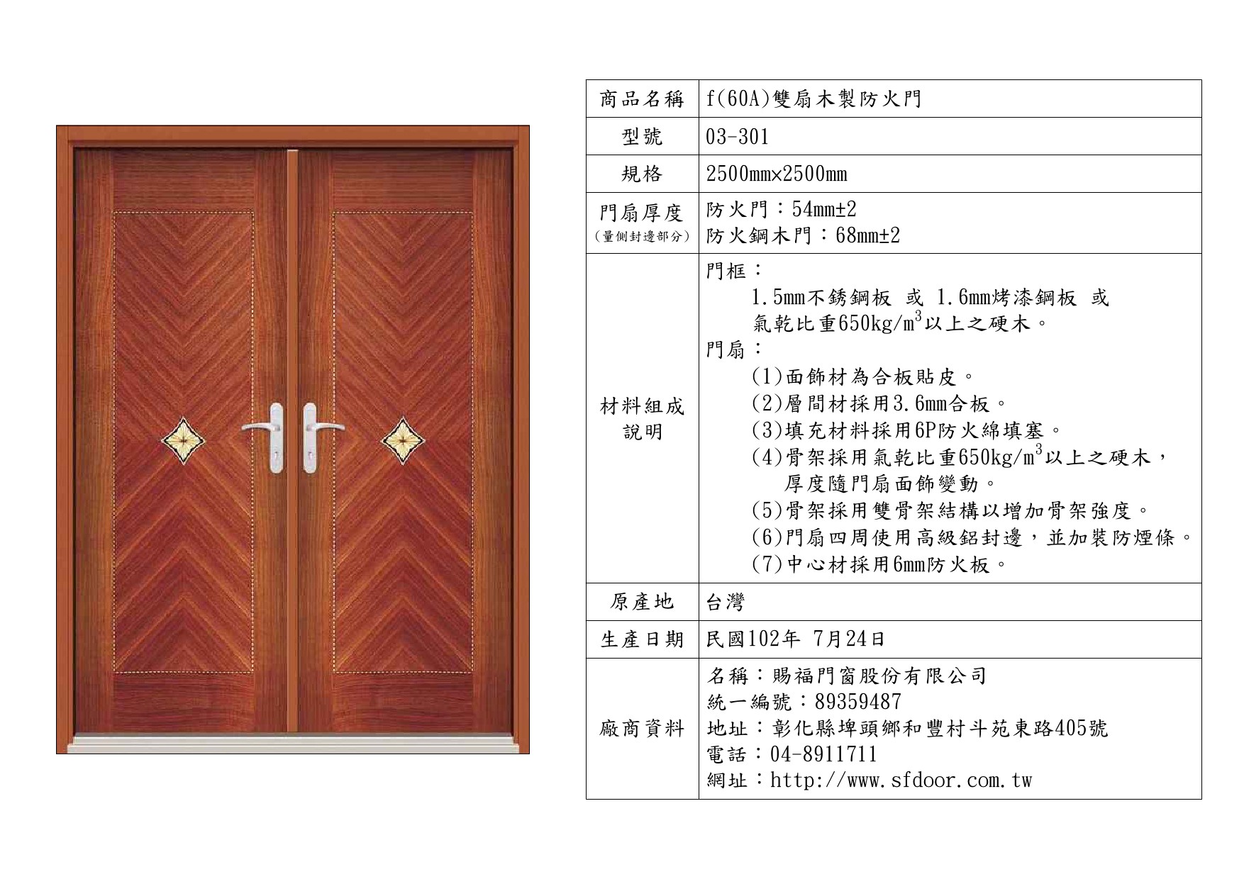 雙扇木製防火門