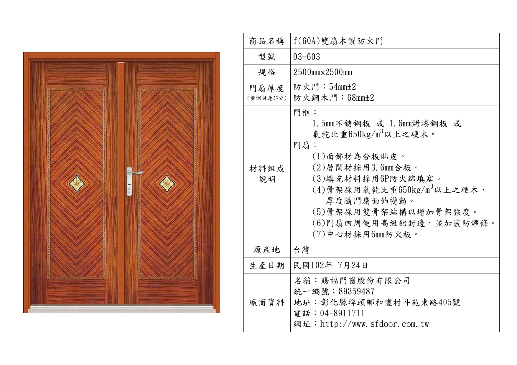 雙扇木製防火門