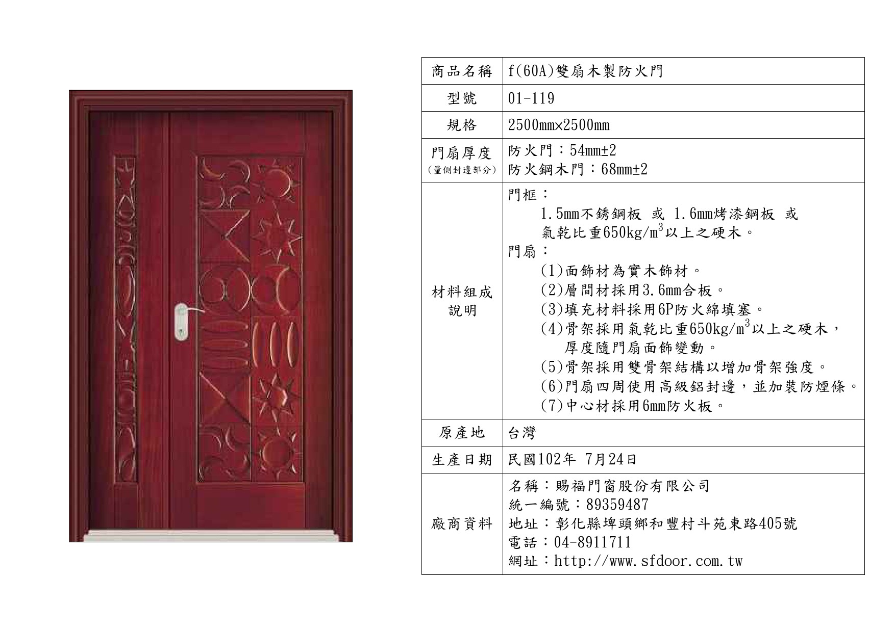雙扇木製防火門
