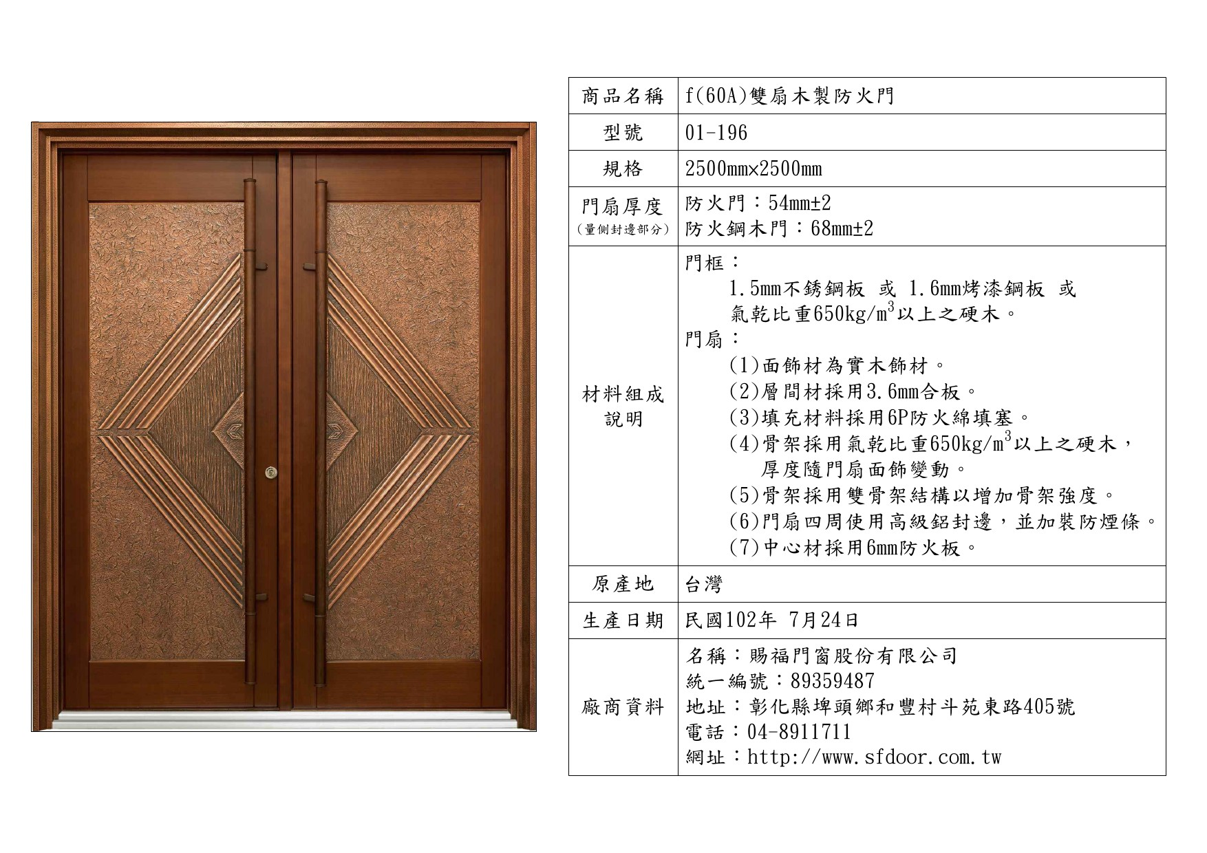 雙扇木製防火門