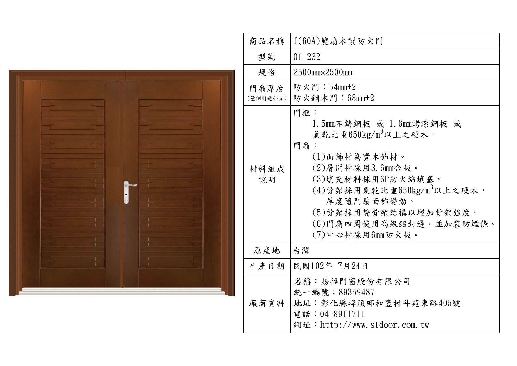 雙扇木製防火門