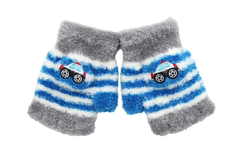 童警車刺繡萊卡半指手套-淺灰
