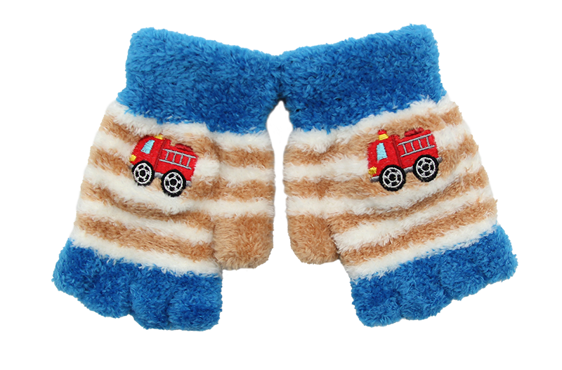 童消防車刺繡萊卡半指手套-靚藍